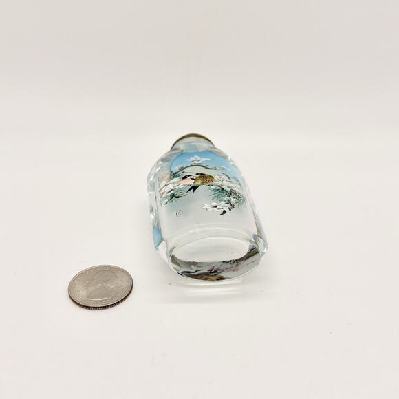 Vtg Chinese Glass Snuff Bottle Reverse Painted Signed Mary Birds Floral Top - Picture 2 of 3